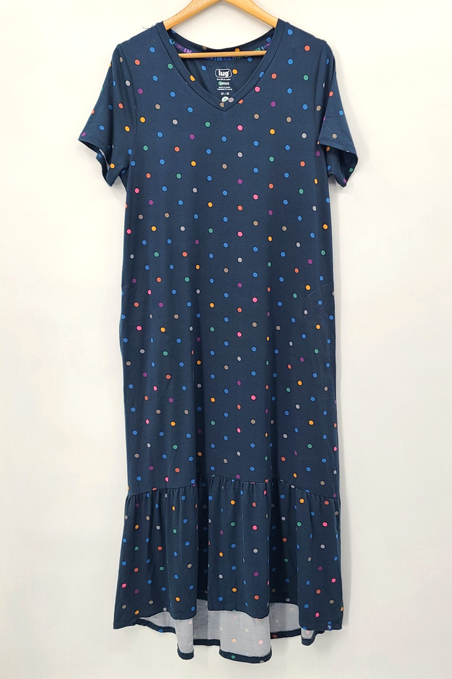 NWT Lug Swing Dress Navy Colorful Polka Dot Soft Jersey Knit Retro Whimsical MED
